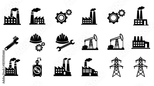 Industrial Factory and Power Plant Silhouettes with Machinery and Energy Infrastructure