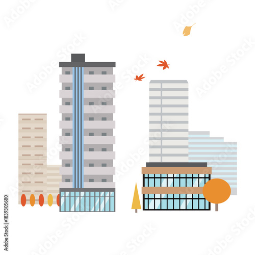 秋のマンションと店