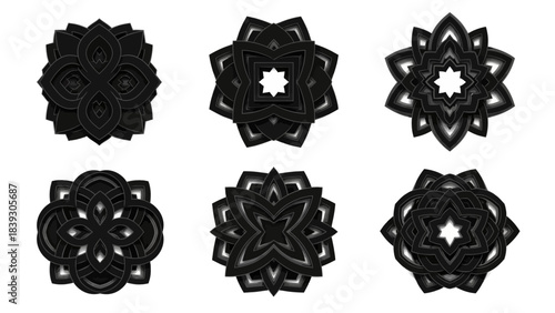 intricate black floral mandala patterns with layered geometric designs and detailed symmetry for