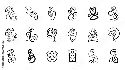 Intricate Line Art of Various Yoga and Meditation Postures with Spiritual Symbols