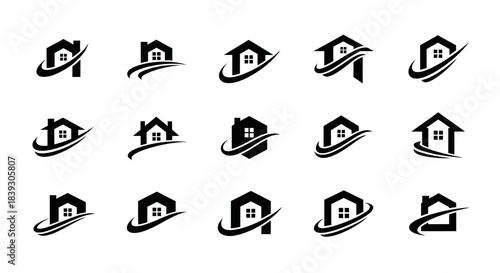 Set of 14 various modern house icons with dynamic swoosh design for real estate branding