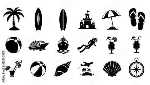 Set of 15 monochrome illustrated icons representing popular beach and vacation activities and items