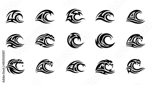 Set of 15 stylized wave and ocean-themed vector icons with dynamic black and white design elements