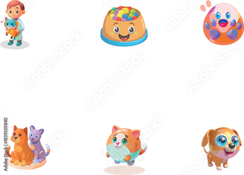 Set of Cute Cartoon Pet Characters and Veterinarian. Funny Dog, Cat, and Vet Illustration Collection