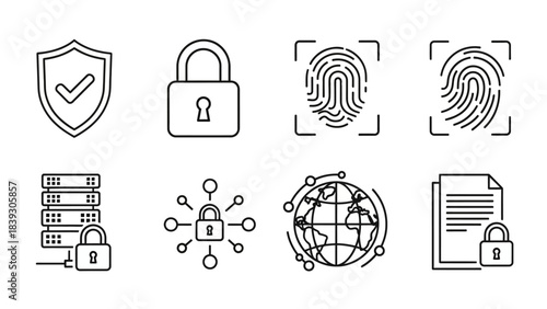 Set of digital security icons including shield lock fingerprint global network and document