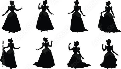 Ball gown silhouettes, elegant dress outline, princess fashion, royal costume, fantasy character, evening gown, stylish figure, theatrical pose, fashion art, luxury 