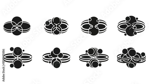 Set of eight abstract black and white molecular structure icons for scientific and educational