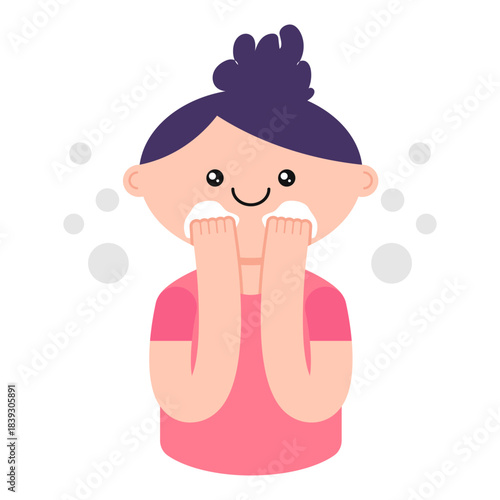 Skincare routine - Cute girl washing her face with cleansing foam . Vector illustration