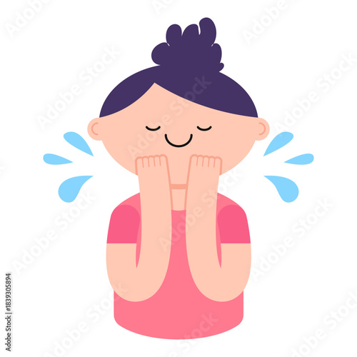 Skincare routine - Cute girl washing her face with water. Vector illustration