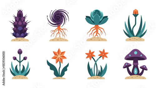 Stylized botanical and mushroom illustrations with vibrant colors and artistic flair