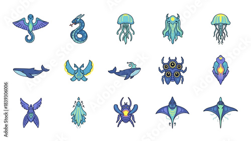 Stylized Underwater Marine Life and Mythical Sea Creatures Illustration