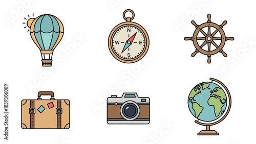 Travel and Adventure Icons Collection Featuring Hot Air Balloon Compass Ship Wheel Suitcase Camera