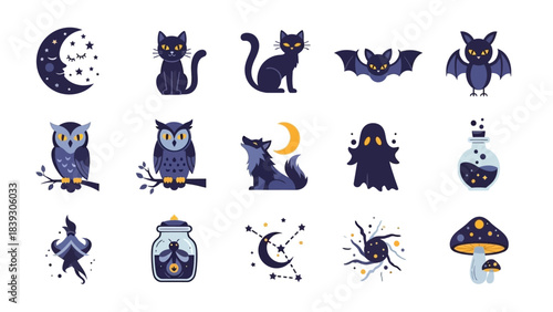 Whimsical Cartoon Night Sky and Animal Collection Featuring Cats Owls and Mythical Creatures