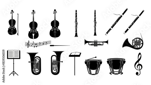 Vector Collection of Musical Instruments and Notes Featuring Violins Flutes Trumpets and Drums for