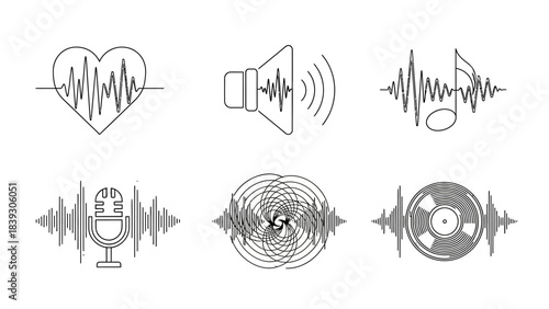 Abstract audio and sound wave illustrations representing sound signals and music elements