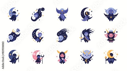 Whimsical Illustrations of Cute Magical Fairy Characters in Night Skies with Stars and Moons