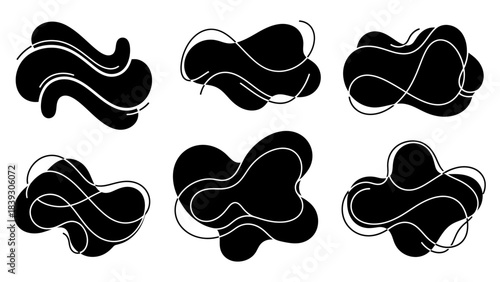 Abstract black and white fluid shape illustrations with line accents for modern design art