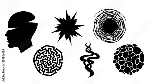Abstract black silhouettes and intricate patterns representing mind and science concepts