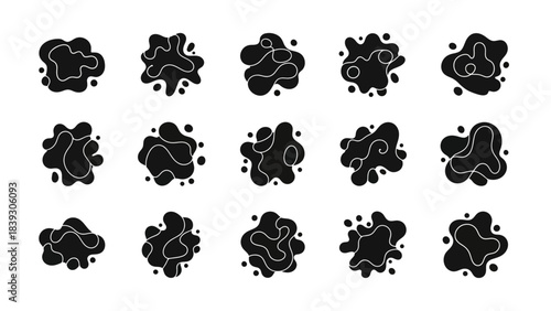 Abstract black and white amoeba-like fluid shapes with flowing lines and dots collection