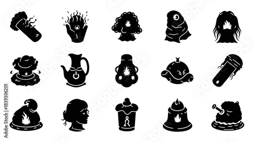Collection of 15 innovative black silhouette icons representing various creative and everyday