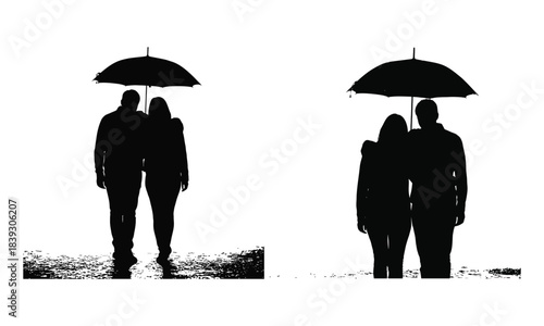 Romantic couple walking together under umbrella, silhouette in the rain