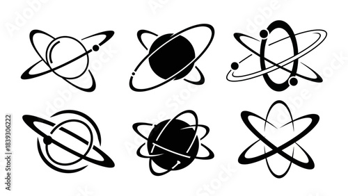 Collection of Abstract Atomic and Planetary Symbols Representing Scientific and Space Concepts