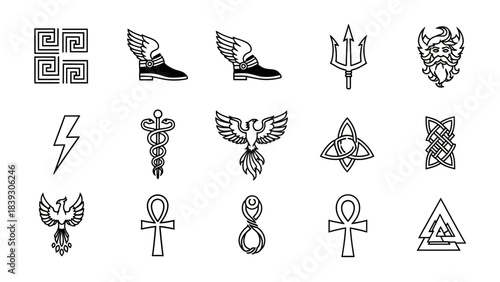 Collection of ancient mystical symbols and mythological icons with wings and sacred motifs