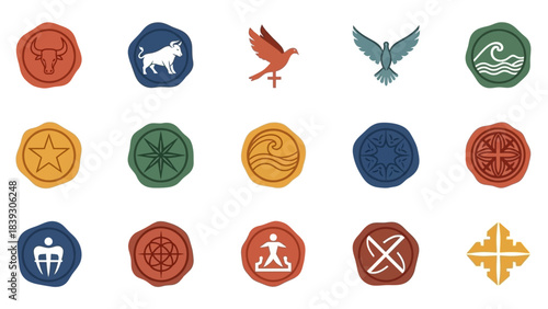 Collection of ancient symbols and emblems representing various cultural and spiritual motifs