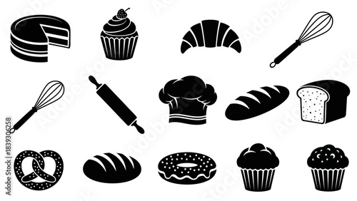 Collection of bakery and pastry icons including bread cupcakes and pretzels in black silhouette