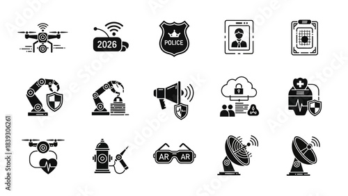 Collection of black and white icons depicting drone technology security and surveillance systems