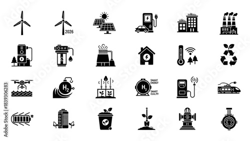 Collection of black and white icons representing renewable energy sources and environmental