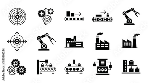 Collection of black and white icons illustrating industrial machinery automation and manufacturing