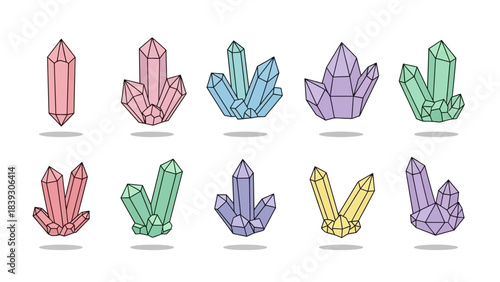 Collection of colorful crystal illustrations showcasing various geometric shapes and mineral