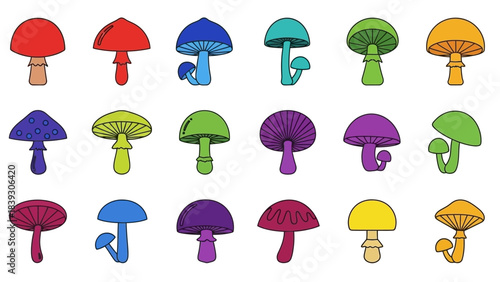 Collection of colorful cartoon mushrooms in various shapes and sizes for children and design