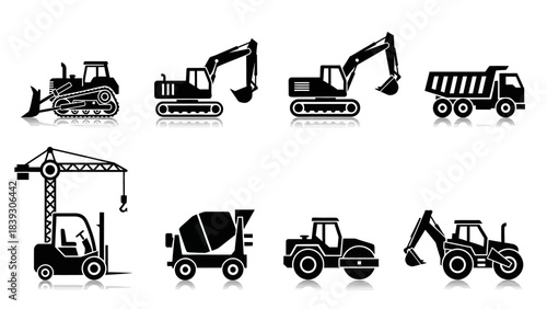 Collection of Construction and Heavy Machinery Icons in Black Silhouette Style