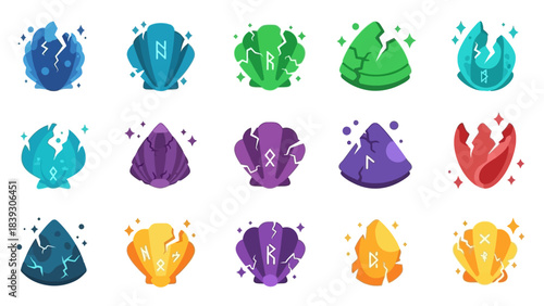 Collection of colorful, stylized gemstone illustrations representing various elements in a modern