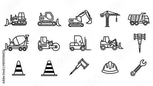 Collection of Construction Equipment and Tools Icons for Industrial and Building Projects