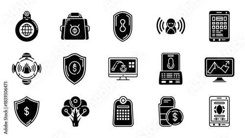 Collection of cybersecurity and digital protection icons in black and white style for technology