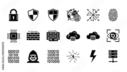 Collection of cybersecurity icons including locks shields and digital security elements