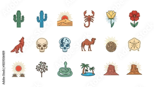 Collection of desert, woodland, marine, and mythological themed illustrated icons showcasing