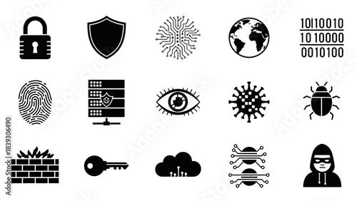 Collection of cybersecurity, cloud computing, and data protection icons representing digital
