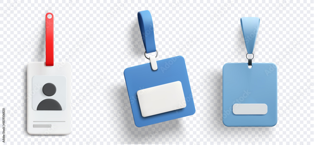 custom made wallpaper toronto digital3d illustration of three blank id badge cards with blue and red lanyards hanging on transparent background for staff identity event access and corporate branding design