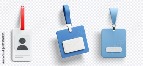 3d illustration of three blank id badge cards with blue and red lanyards hanging on transparent background for staff identity event access and corporate branding design