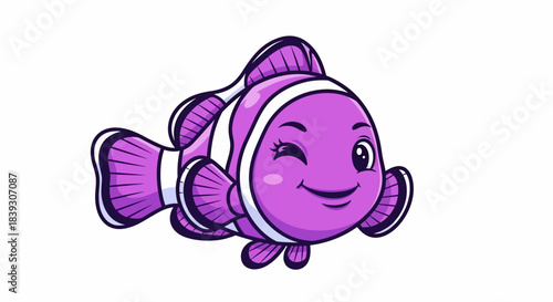Cute purple clownfish winking cartoon illustration.