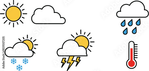 Weather Icons Showing Sunny Cloudy Rainy and Snowy Conditions on White Background forecast symbol