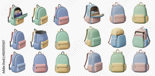 Set of pastel colored school backpacks for children, isolated on a transparent background, perfect for back to school designs.