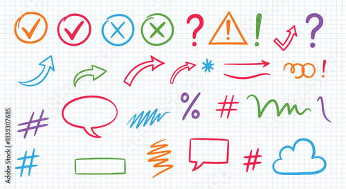 Collection of colorful hand drawn doodle icons and symbols including checkmarks arrows question marks hashtags and speech bubbles on grid paper background