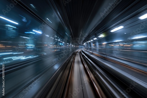 A blurred view from a train speeding through a tunnel. Light streaks highlight the movement and rail lines