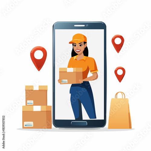 Modern vector illustration of a courier delivering a package from an online store via smartphone, emphasizing convenience and e-commerce