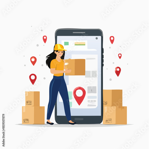 Efficient online delivery service concept featuring a dedicated female courier with packages and a large smartphone displaying a mobile tracking app, symbolizing fast and reliable e-commerce logistics